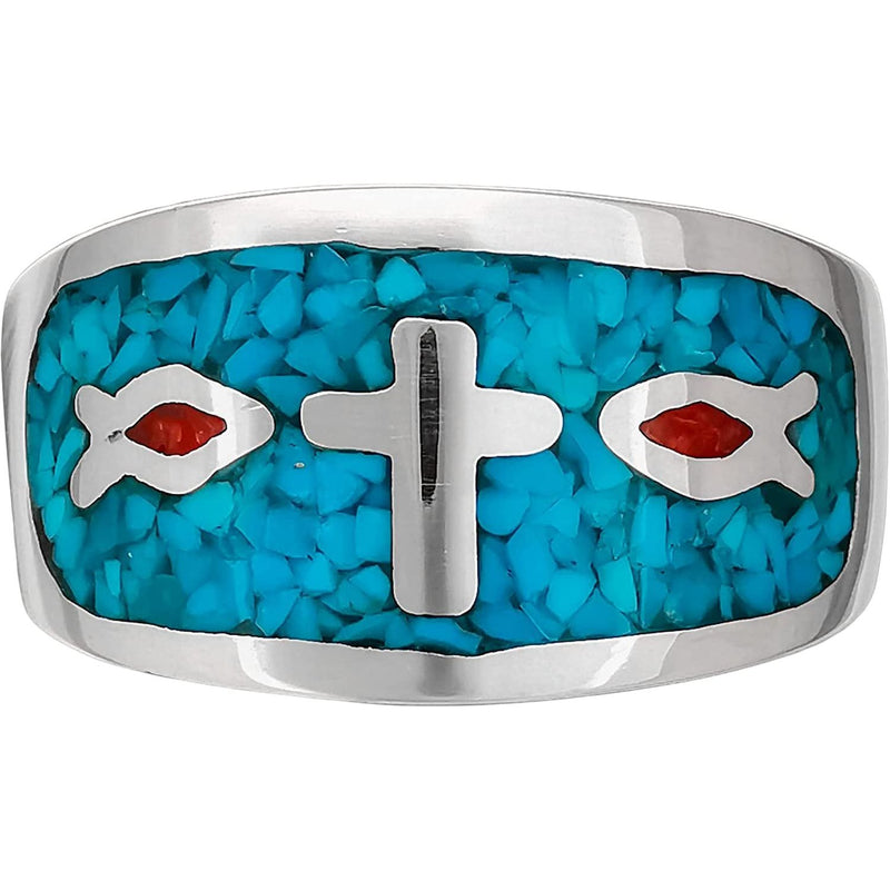 925 Sterling Silver Turquoise and Red Coral Ichthys Ring, Cross & Christian Fish Design, Handmade Native American Gemstone Jewelry, Statement Birthstone Band (10)