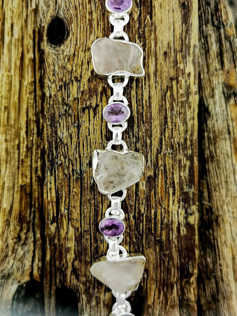 925 Sterling Silver Bracelet • Quartz Crystal and Amethyst Bracelet • Handcrafted