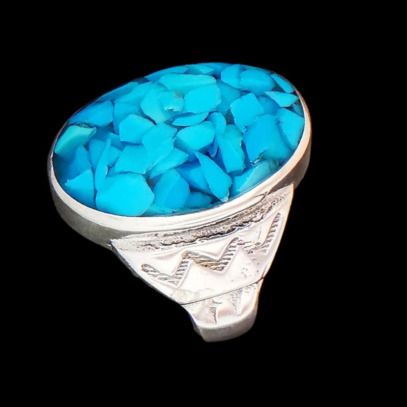 Size 11-925 Sterling Silver Oval Blue Turquoise Ring, Geometric Accent Design, Handmade Gemstone Jewelry, Statement Birthstone Band