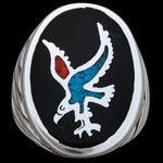 Size 8-925 Sterling Silver Oval Eagle Ring, Curved Spiral Design, Turquoise and Coral