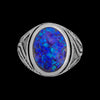 Size 10-925 Sterling Silver Oval Blue Opl Ring, Geometric Maze Accent Design, Handmade Gemstone Jewelry, Statement Birthstone Band