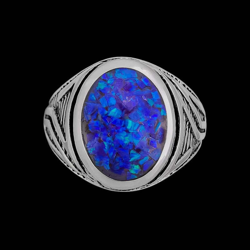 Size 10-925 Sterling Silver Oval Blue Opl Ring, Geometric Maze Accent Design, Handmade Gemstone Jewelry, Statement Birthstone Band