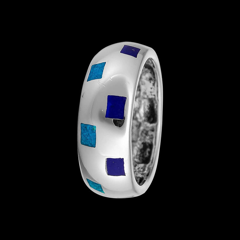 925 Silver Geometric Ring w/ Turquoise & Lapis Lazuli, Handcrafted Statement Jewelry, Birthstone Band, Square Design, Size 9
