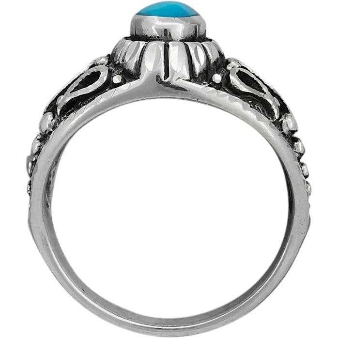925 Sterling Silver Diamond Cut Oval Turquoise Cabochon Ring, Abstract Beaded Teardrop Design, Solitaire Gemstone Band, Handmade Jewelry (7.5)
