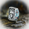Wolf Ring with Turquoise and Red Coral Inlay • Posing Wolf Design • 925 Sterling Silver • Navajo