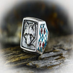 Wolf Ring with Turquoise and Red Coral Inlay • Posing Wolf Design • 925 Sterling Silver • Navajo