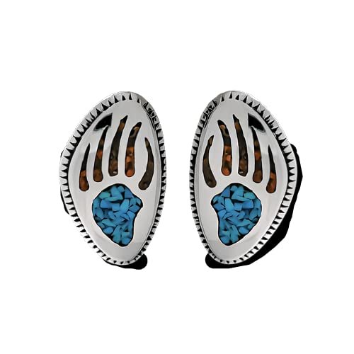 925 Sterling Silver Bear Paw Stud Earrings with Turquoise and Red Coral Inlay