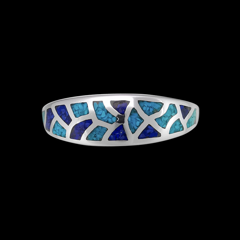 Size 11-925 Sterling Silver, Turquoise, & Lapis Lazuli Mosaic Band, Abstract Gemstone Band, Handcrafted Birthstone Jewelry