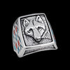 Wolf Ring with Turquoise and Red Coral Inlay • Posing Wolf Design • 925 Sterling Silver • Navajo
