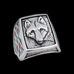 Wolf Ring with Turquoise and Red Coral Inlay • Posing Wolf Design • 925 Sterling Silver • Navajo