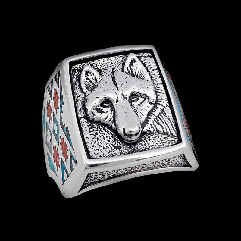 Wolf Ring with Turquoise and Red Coral Inlay • Posing Wolf Design • 925 Sterling Silver • Navajo