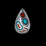 925 Sterling Silver Turquoise & Red Coral Teardrop Pendant, Southwestern Design, Bear Paw