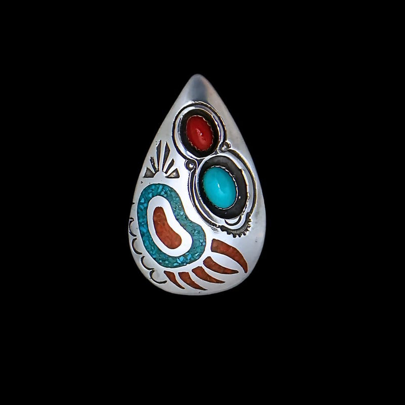 925 Sterling Silver Turquoise & Red Coral Teardrop Pendant, Southwestern Design, Bear Paw
