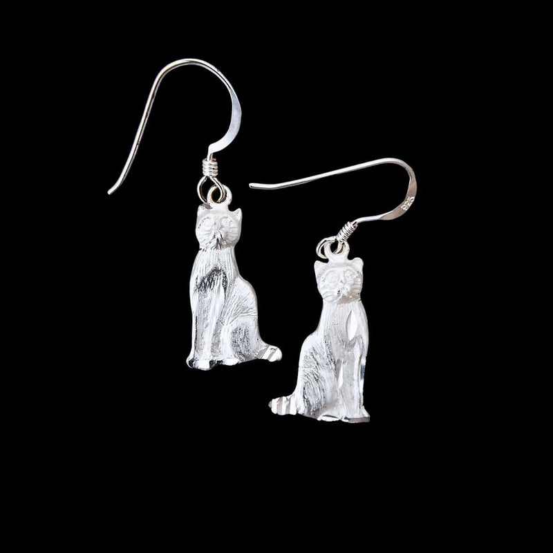 Sterling Silver Matte Kitty Cat Dangle Earrings