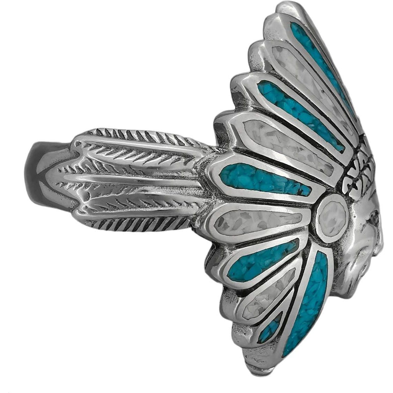 925 Sterling Silver Native American Chief Headdress Ring, Turquoise & Mother of Pearl Headdress Design, Statement Gemstone Band, Handmade Jewelry (9)