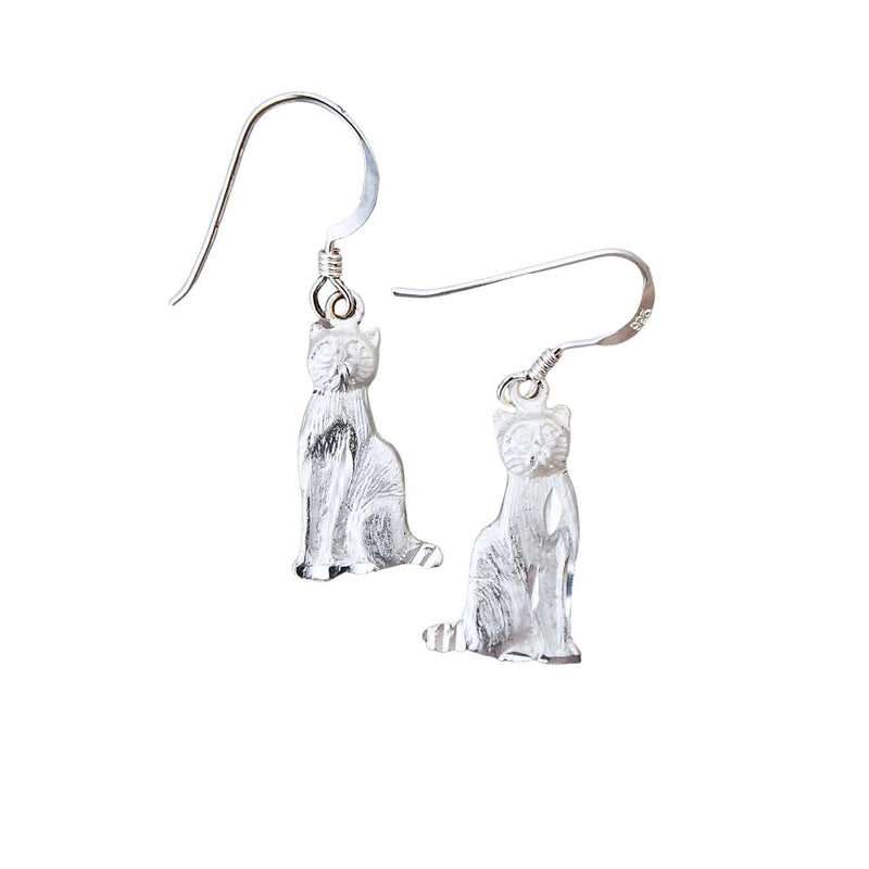 Sterling Silver Matte Kitty Cat Dangle Earrings
