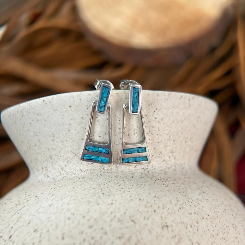 Sterling Silver Art Deco Turquoise Inlay Earrings