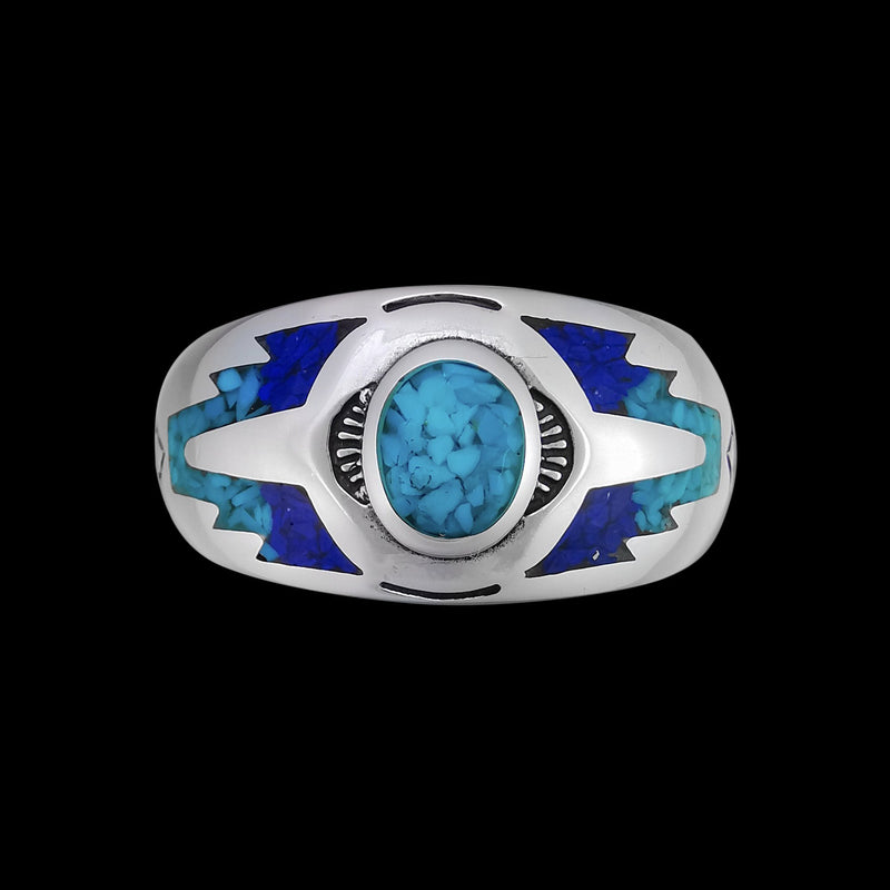 Southwest Ring • Native American Boho Style • Turquoise and Lapis Lazuli • 925 Sterling Silver