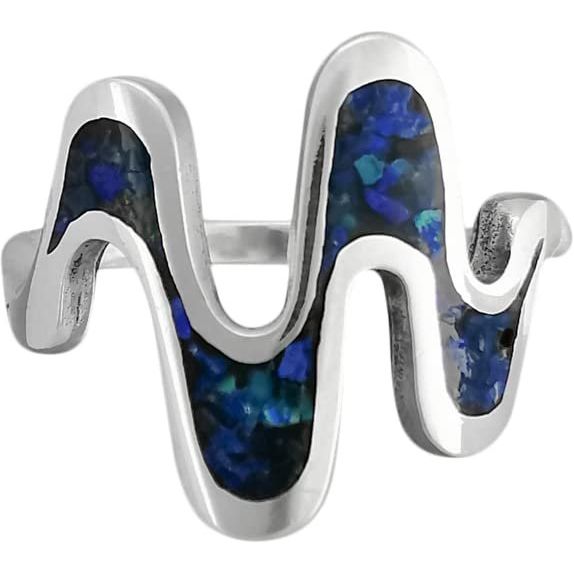Size 5-925 Sterling Silver Azurite Chip Wave Ring, Groovy Sound Wave Design, Handmade Gemstone Jewelry, Statement Birthstone Band