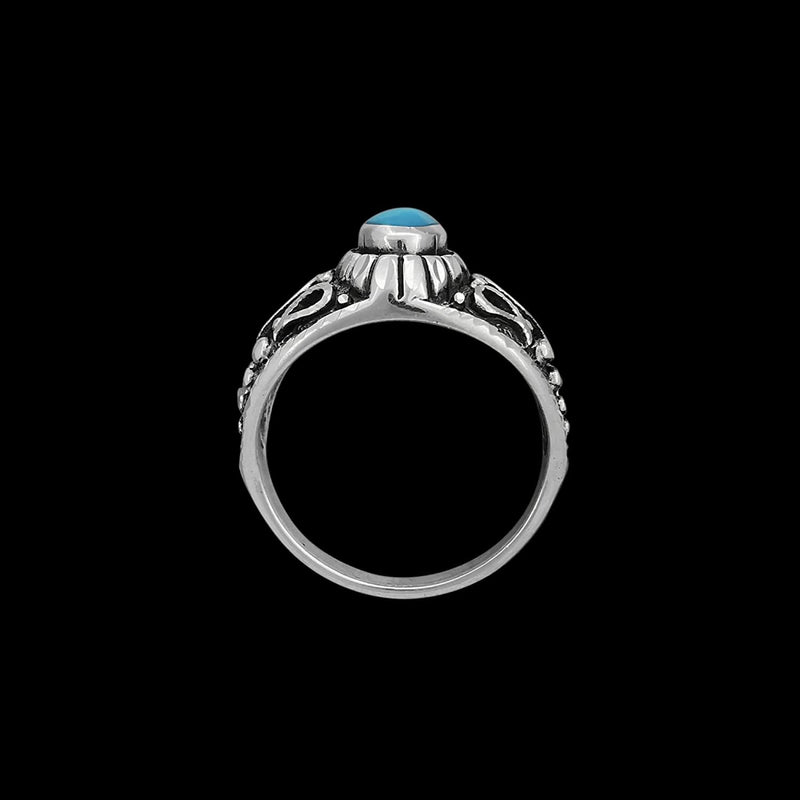925 Sterling Silver Diamond Cut Oval Turquoise Cabochon Ring, Abstract Beaded Teardrop Design, Solitaire Gemstone Band, Handmade Jewelry (7.5)