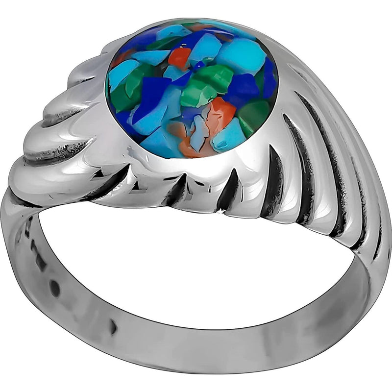 Size 11-925 Sterling Silver Oval Mixed Stones Ring, Curved Spiral Design, Handmade Gemstone Jewelry, Statement Birthstone Band