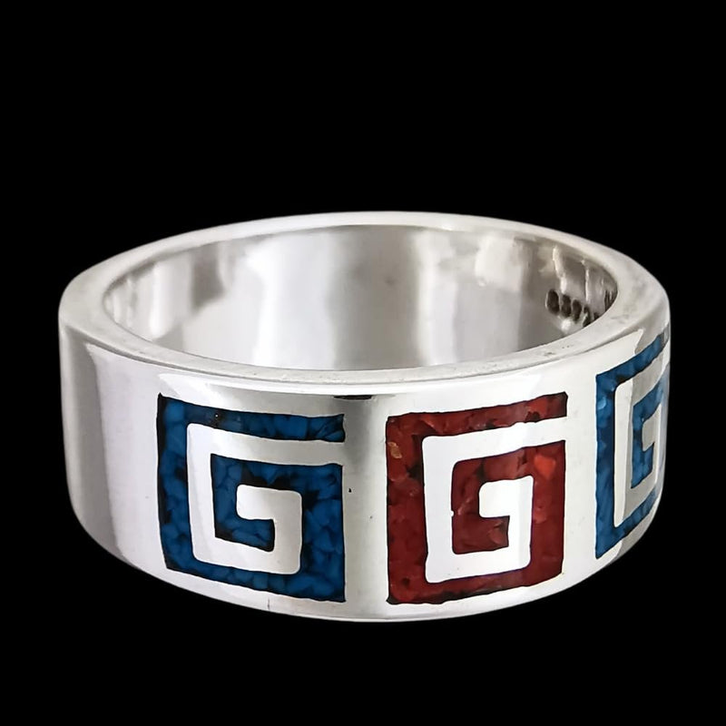 Size 8-925 Sterling Silver Swirling Tribal Band, Turquoise & Coral, Handmade Gemstone Jewelry