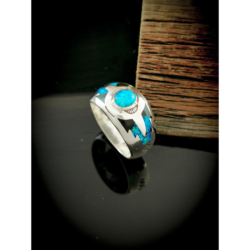 Southwest Navajo Handmade Ring • Native American 925 Sterling Silver • Blue Opal with Black Resin
