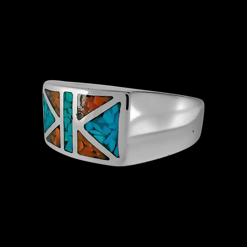 Size 10-925 Sterling Silver Geometric Flag Ring, Turquoise & Red Coral, Abstract Gemstone Design, Handmade Geometric Statement Jewelry, Handcrafted Birthstone Band