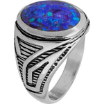 Size 10-925 Sterling Silver Oval Blue Opl Ring, Geometric Maze Accent Design, Handmade Gemstone Jewelry, Statement Birthstone Band