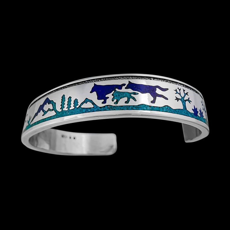 Navajo Sterling Silver Wolf Bracelet with Turquoise and Lapis Lazuli - Handmade Nature Inspired Jewelry, Size 6.5, Southwest Style Statement Piece