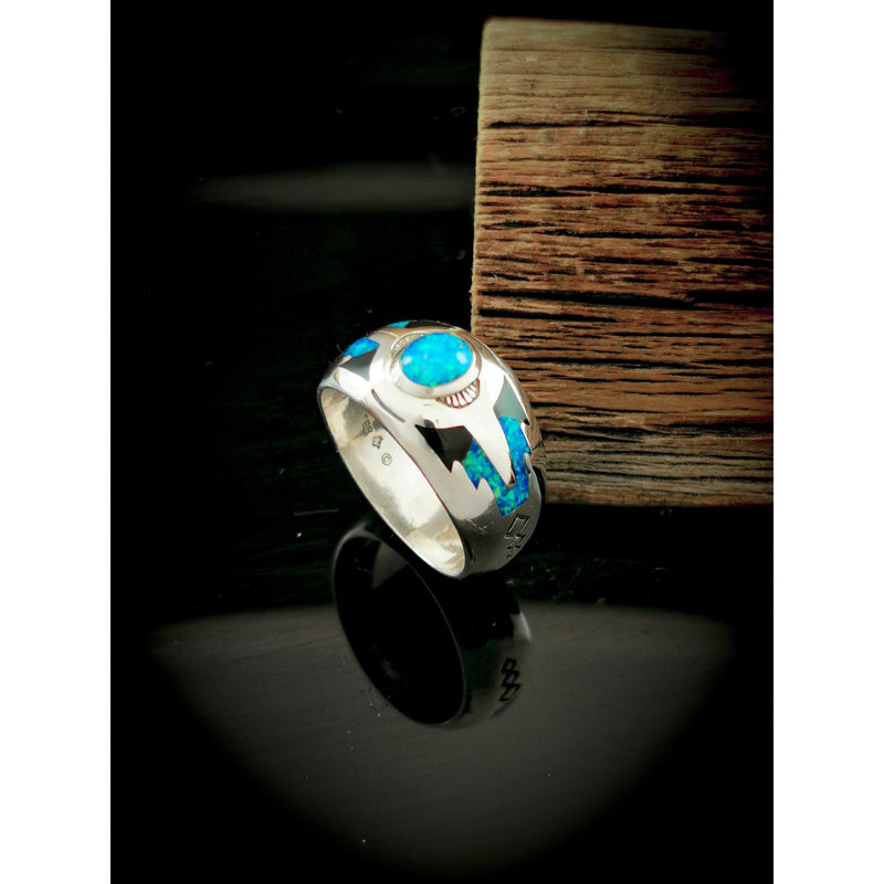 Southwest Navajo Handmade Ring • Native American 925 Sterling Silver • Blue Opal with Black Resin