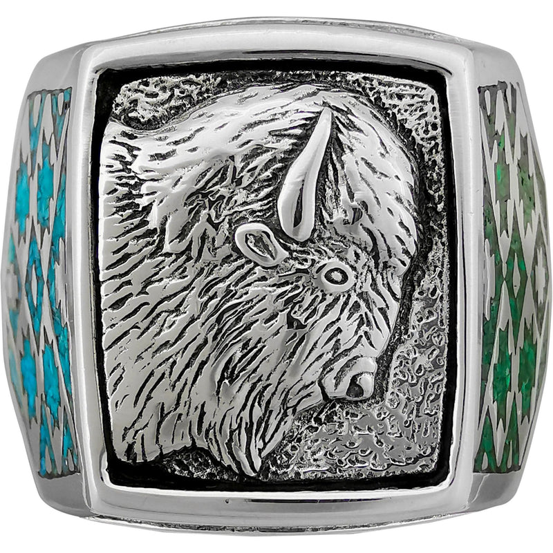 Size 14-Sterling Silver Buffalo Head Ring • Malachite and Mother of Pearl Inlay • Navajo Handmade