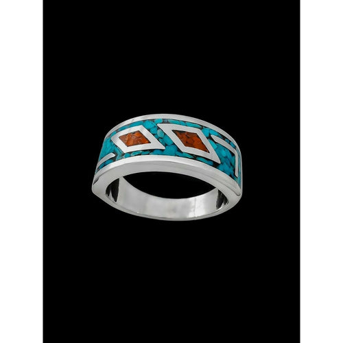 925 Sterling Silver Ladies Ring • Turquoise and Coral Design • Tribal Style