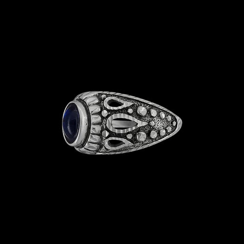 Size 7.5 925 Sterling Silver Diamond Cut Oval Blue Topaz Cabochon Ring, Abstract Beaded Teardrop Design, Solitaire Gemstone Band, Handmade Jewelry (7.5)