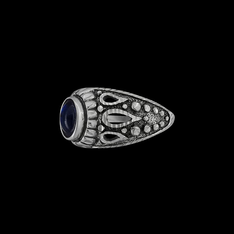 Size 7.5 925 Sterling Silver Diamond Cut Oval Blue Topaz Cabochon Ring, Abstract Beaded Teardrop Design, Solitaire Gemstone Band, Handmade Jewelry (7.5)