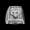 Wolf Ring with Turquoise and Red Coral Inlay • Posing Wolf Design • 925 Sterling Silver • Navajo