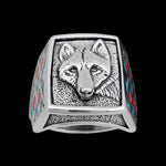 Wolf Ring with Turquoise and Red Coral Inlay • Posing Wolf Design • 925 Sterling Silver • Navajo