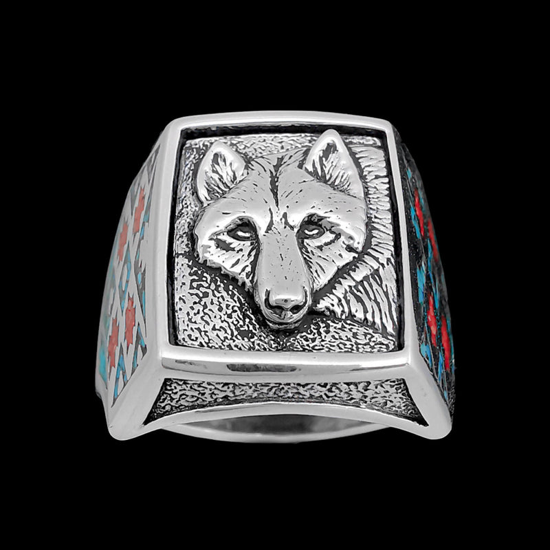 Wolf Ring with Turquoise and Red Coral Inlay • Posing Wolf Design • 925 Sterling Silver • Navajo