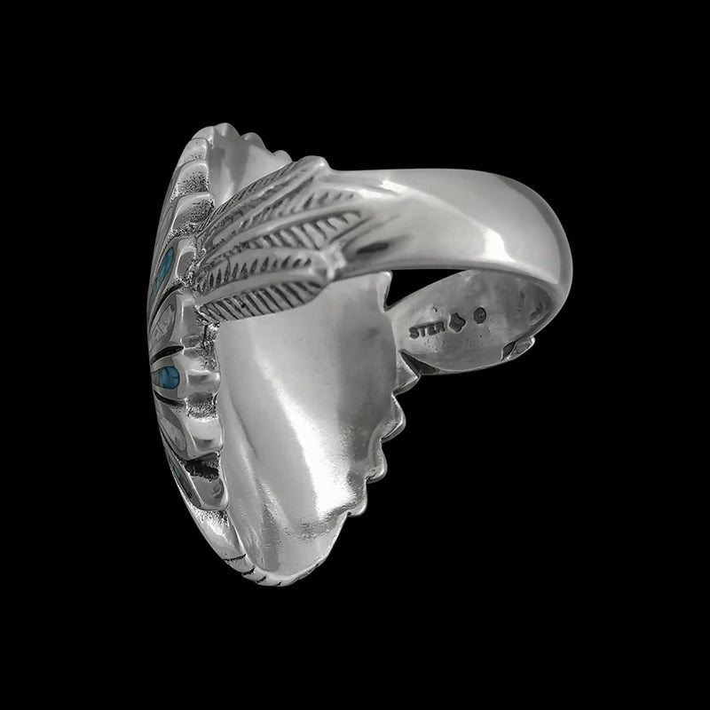 925 Sterling Silver Native American Chief Headdress Ring, Turquoise & Mother of Pearl Headdress Design, Statement Gemstone Band, Handmade Jewelry (9)
