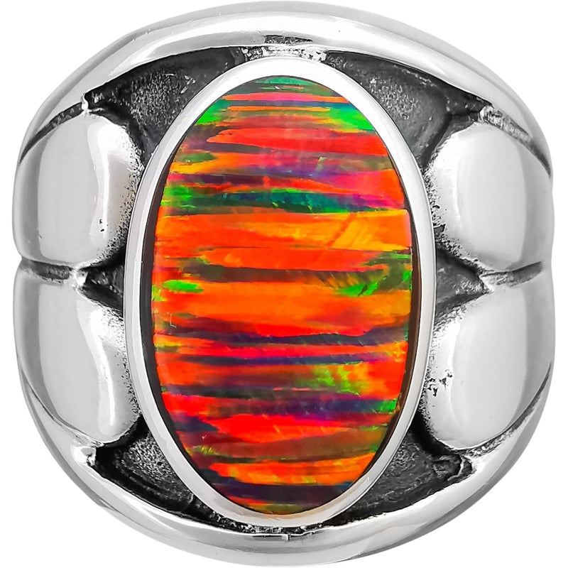 925 Sterling Silver Large Oval Red Striped Opal Ring, Curved Split Heart Design, Handmade Gemstone Jewelry, Statement Birthstone Band