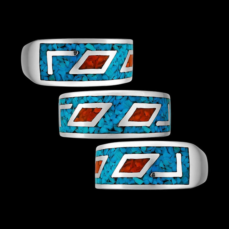 Size 6.5-925 Sterling Silver Large Geometric Turquoise & Red Coral Ring, Native Tribal Inspired Design, Handmade Gemstone Band, Handcrafted Birthstone Jewelry