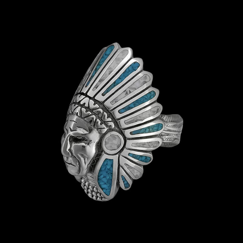 925 Sterling Silver Native American Chief Headdress Ring, Turquoise & Mother of Pearl Headdress Design, Statement Gemstone Band, Handmade Jewelry (9)