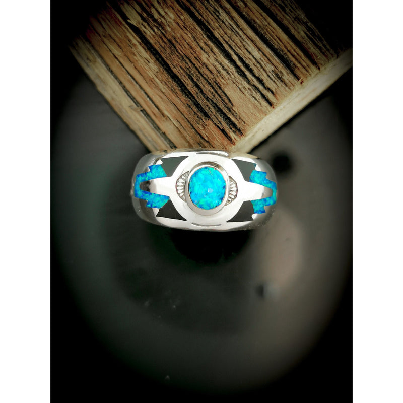 Southwest Navajo Handmade Ring • Native American 925 Sterling Silver • Blue Opal with Black Resin