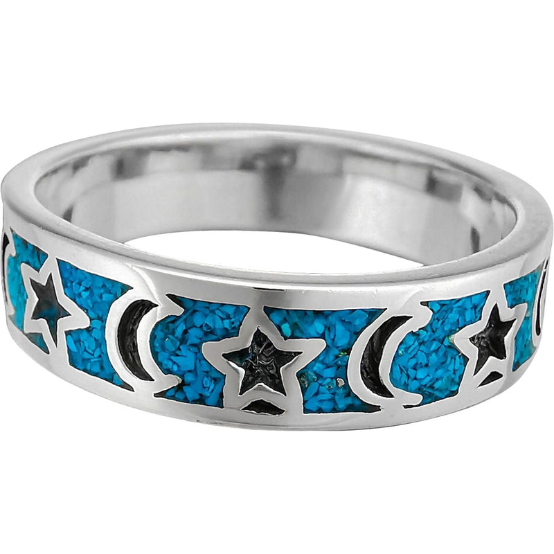 Size 9-925 Sterling Silver & Turquoise Moon & Stars Band, Night Sky Design, Handmade Gemstone Jewelry, Crescent Moon