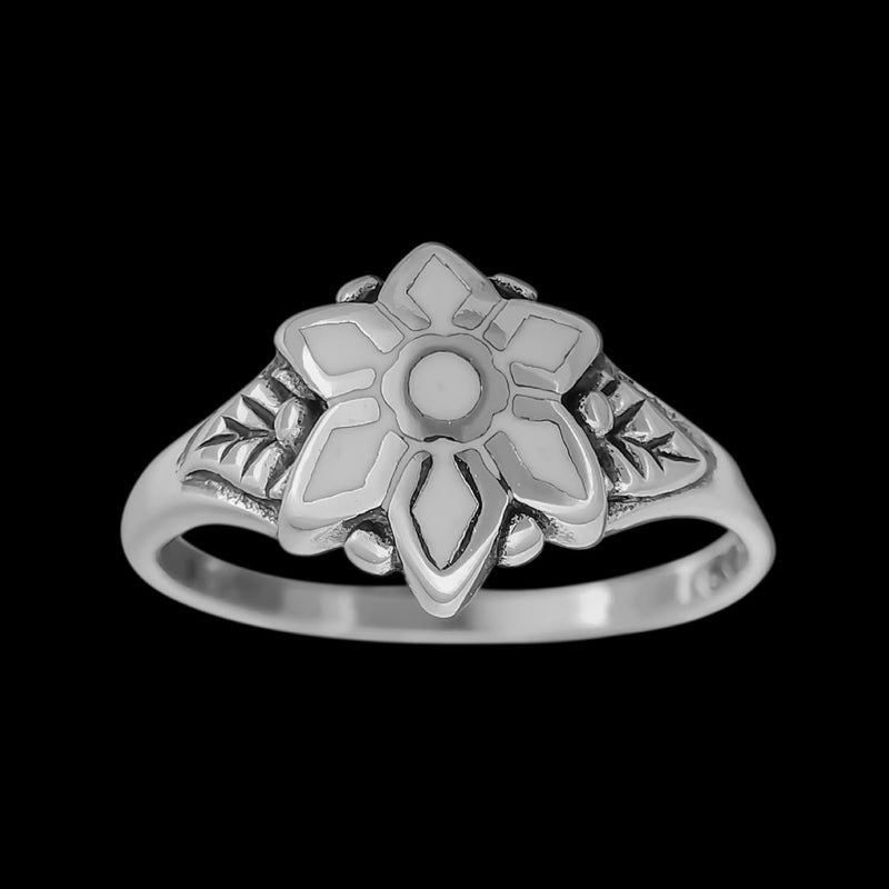 Size 7-925 Sterling Silver White Resin Snowflake Ring, Detailed Holly Accent Design, Handmade Silver Band, Handcrafted Nature Jewelry