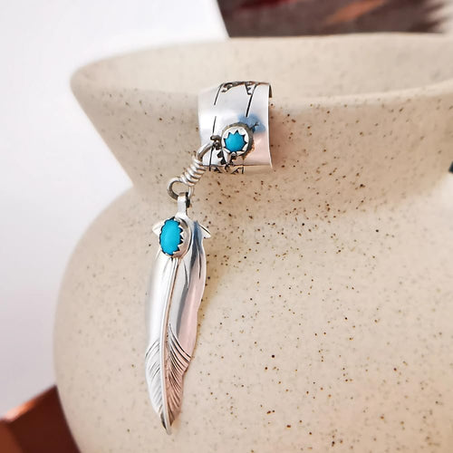 Vintage Silver Ear Cuff with Tribal Stamping, Feather & Sleeping Beauty Turquoise