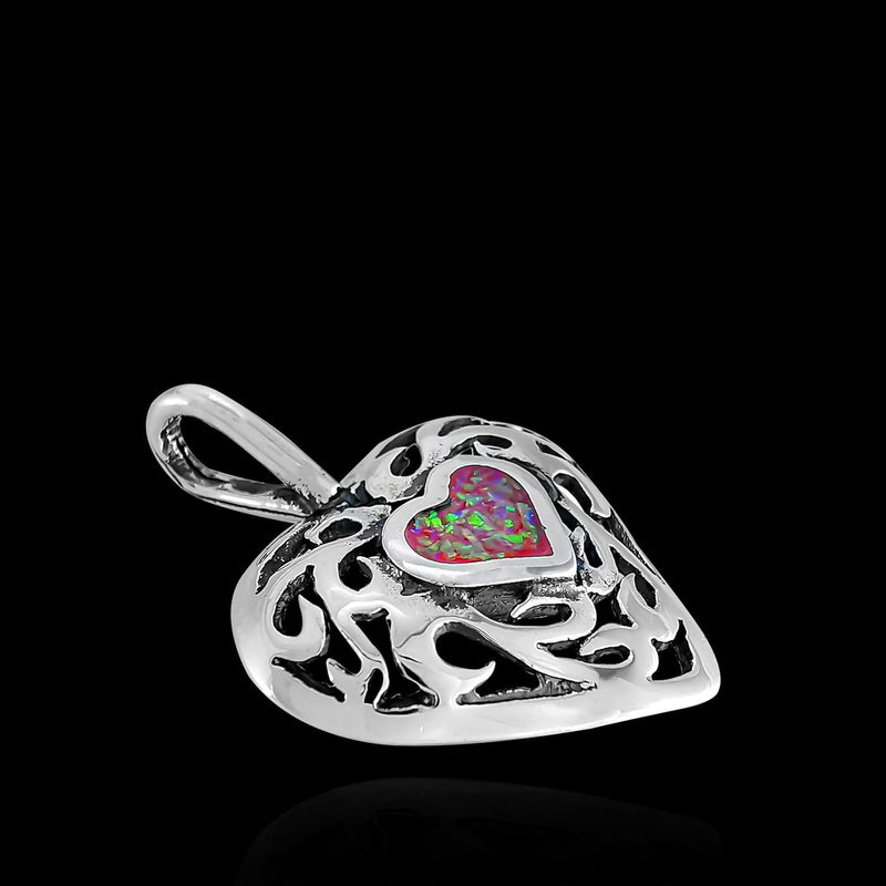 Sterling Silver and Pink Opal Damask Heart Pendant