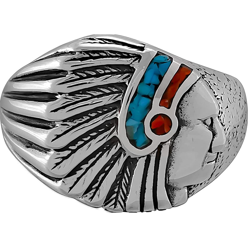 925 Sterling Silver Small Native American Warbonnet Ring, Turquoise & Red Coral, Feathered Warbonnet Design, Indigenous Band, Handmade Gemstone Jewelry (6)