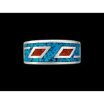 Size 6.5-925 Sterling Silver Large Geometric Turquoise & Red Coral Ring, Native Tribal Inspired Design, Handmade Gemstone Band, Handcrafted Birthstone Jewelry