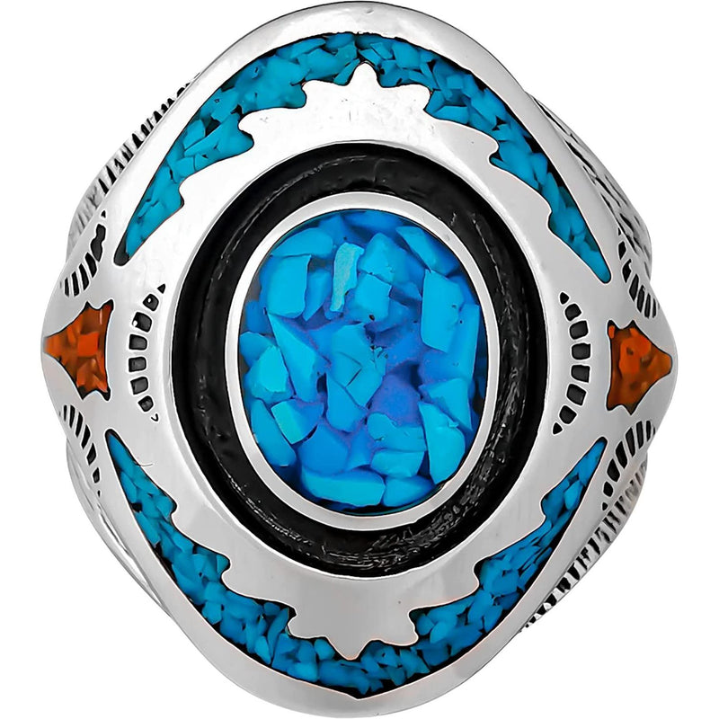 Size 10-925 Sterling Silver Turquoise & Red Coral Ring, Southwestern Roie Jaque Design, Handmade Gemstone Band, Handcrafted Statement Birthstone Jewelry